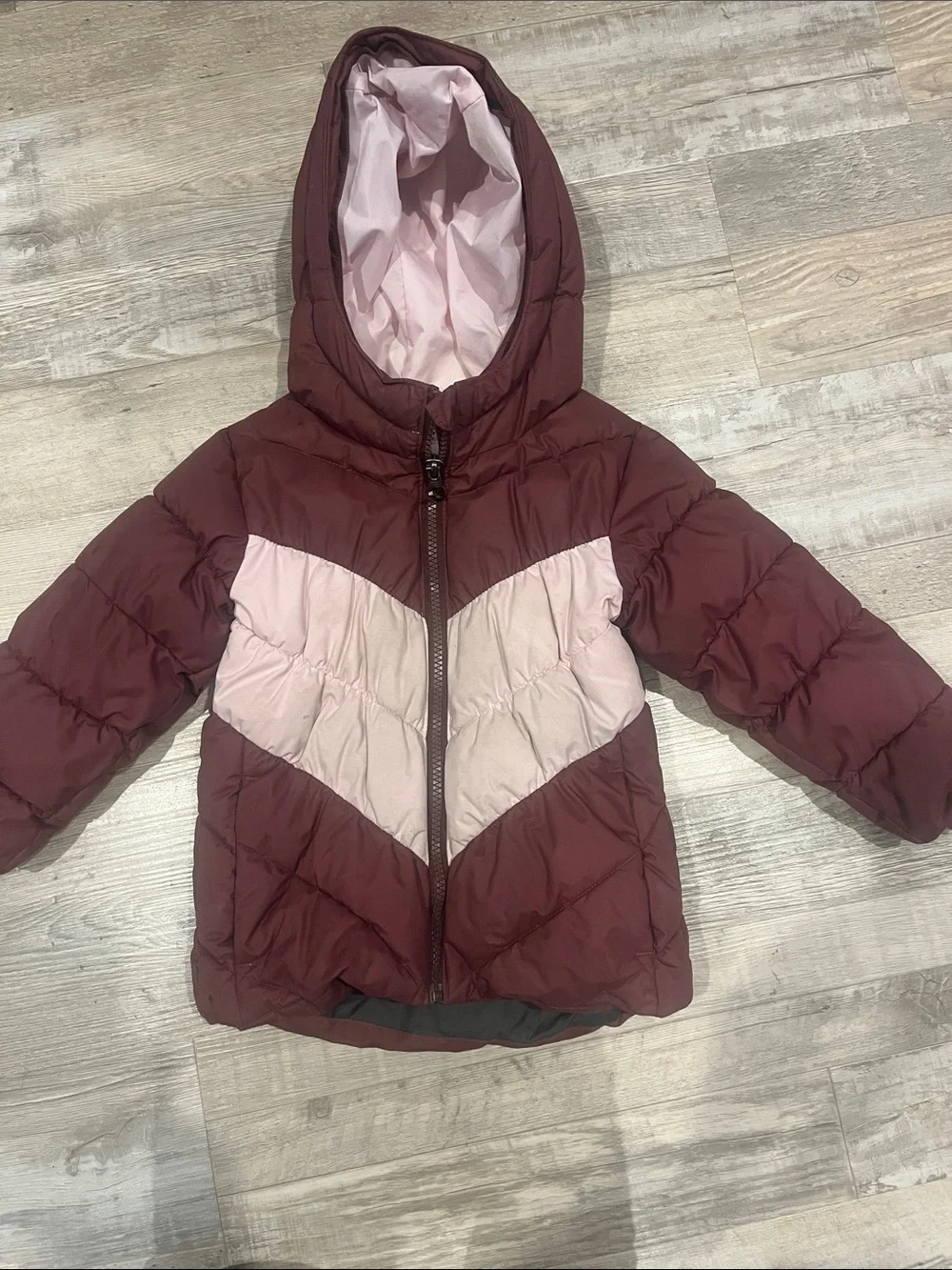 Columbia Kids Hooded Chevron Puffer Jacket - Burgundy and Light Pink